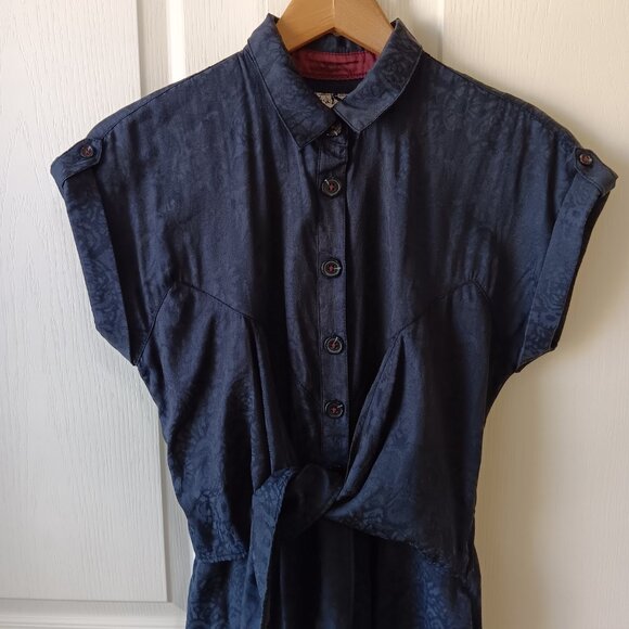 Ett Twa Anthropologie Women's Navy Blue Floral James Tie-Waist Jumpsuit Size 0 - Picture 3 of 16